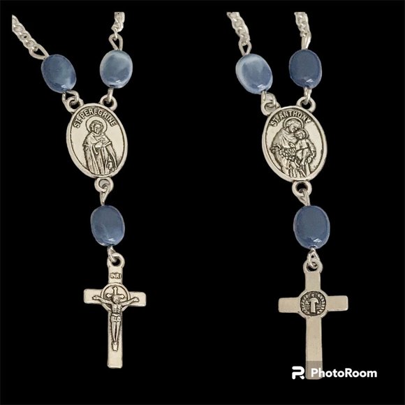Vintage St Saint Anthony Peregrine Cross Necklace Medal Catholic 21" Blue Beads - Picture 1 of 11